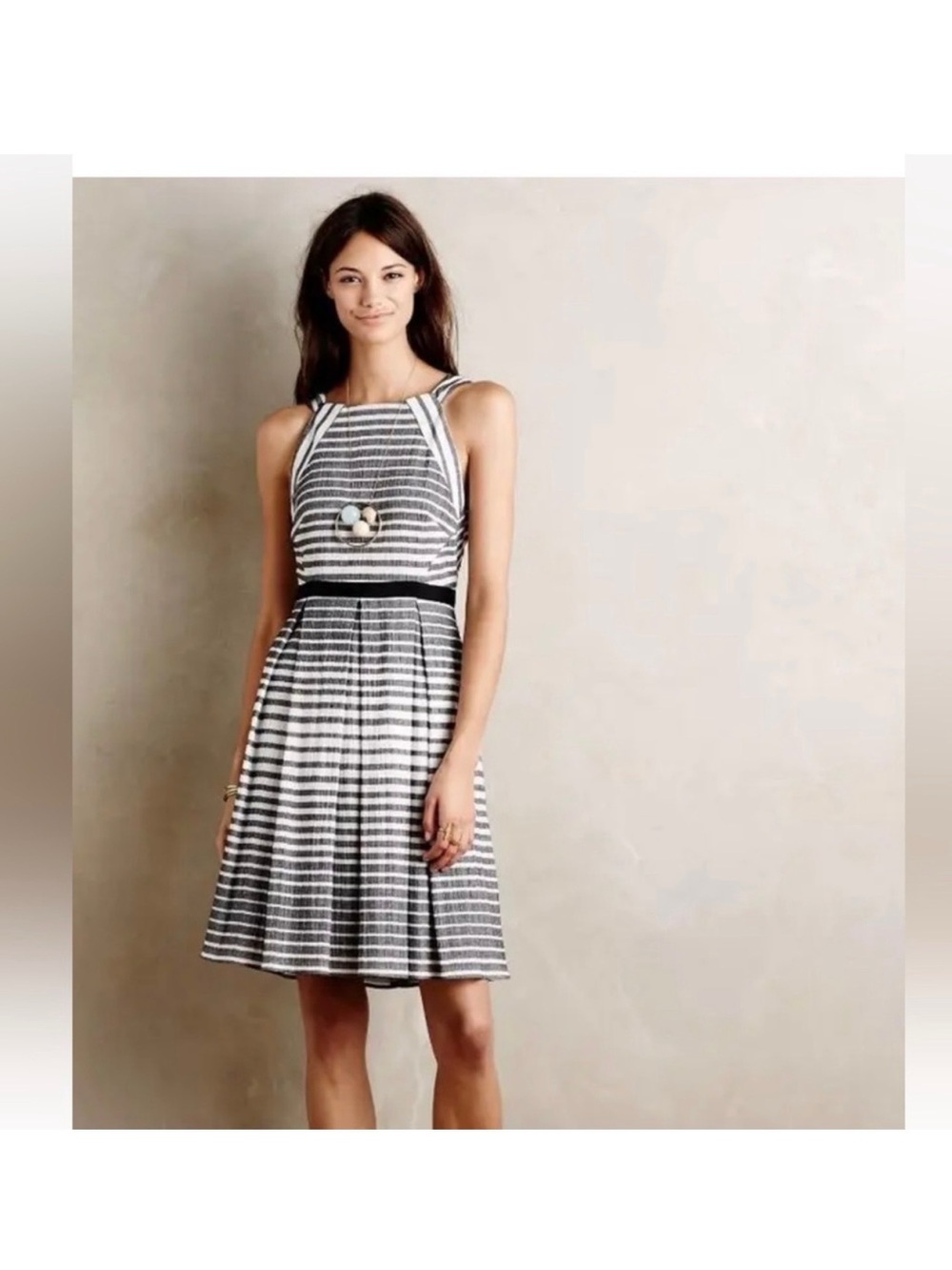 Anthropologie Eva Franco Black and White Striped Halter Fit-and-Flare Dress